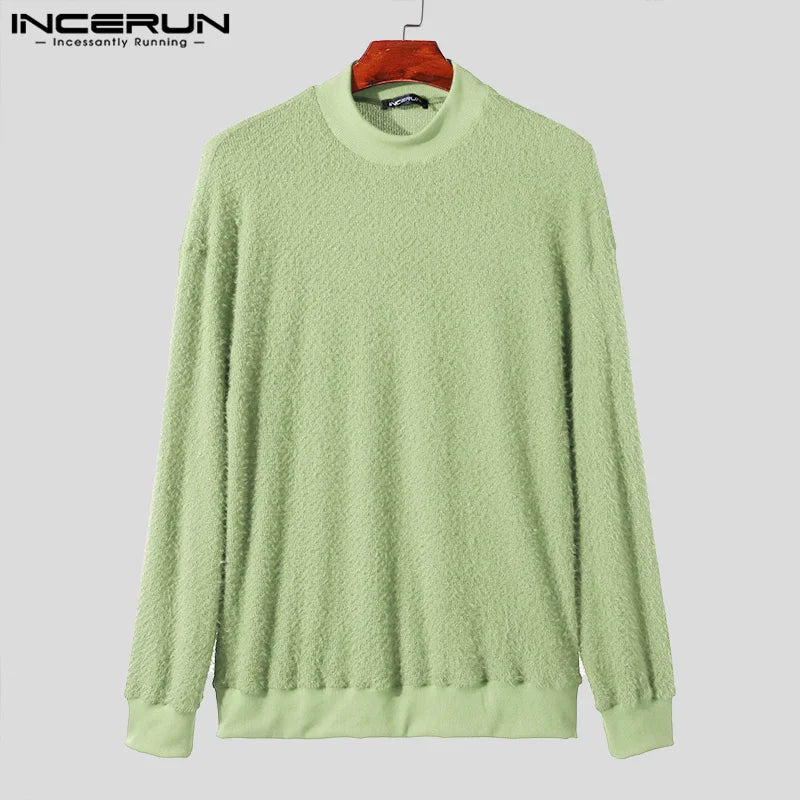 Fashion Well Fitting Tops INCERUN New Men's Solid Texture Sweaters Autumn Winter Casual Streetwear Long Sleeved Pullovers S-5XL