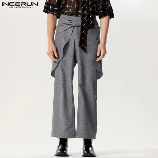 INCERUN 2024 American Style New Men Trousers Personalized Waist Design Long Pants Streetwear Leisure Solid Color Pantalons S-5XL