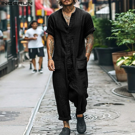 INCERUN 2024 American Style Bodysuit Stylish New Mens O-neck Short Sleeved Rompers Male Casual Solid Well Fitting Jumpsuit S-5XL