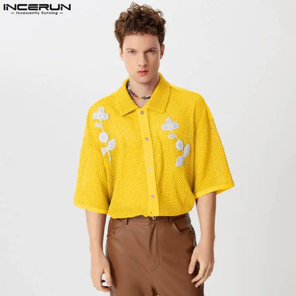 Fashion Well Fitting Tops INCERUN Handsome Men Hollow Mesh Decal Shirts Casual Streetwear Personality Short Sleeved Blouse S-5XL