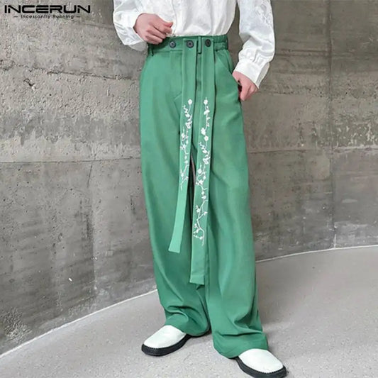 INCERUN 2024 Korean Style Trousers Men Stylish Embroidered Floral Ribbon Long Pants Streetwear Male Straight Leg Pantalons S-5XL