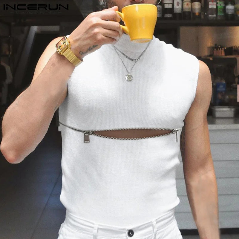 2023 Fashion Men's Tank Tops Turtleneck Solid Color Sleeveless Streetwear Casual Vests Party Nightclub Skinny Tops INCERUN S-5XL