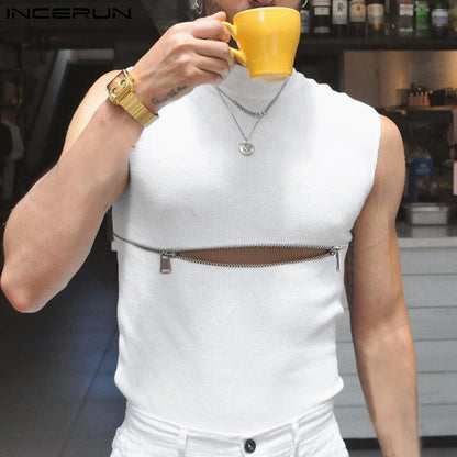 2023 Fashion Men's Tank Tops Turtleneck Solid Color Sleeveless Streetwear Casual Vests Party Nightclub Skinny Tops INCERUN S-5XL