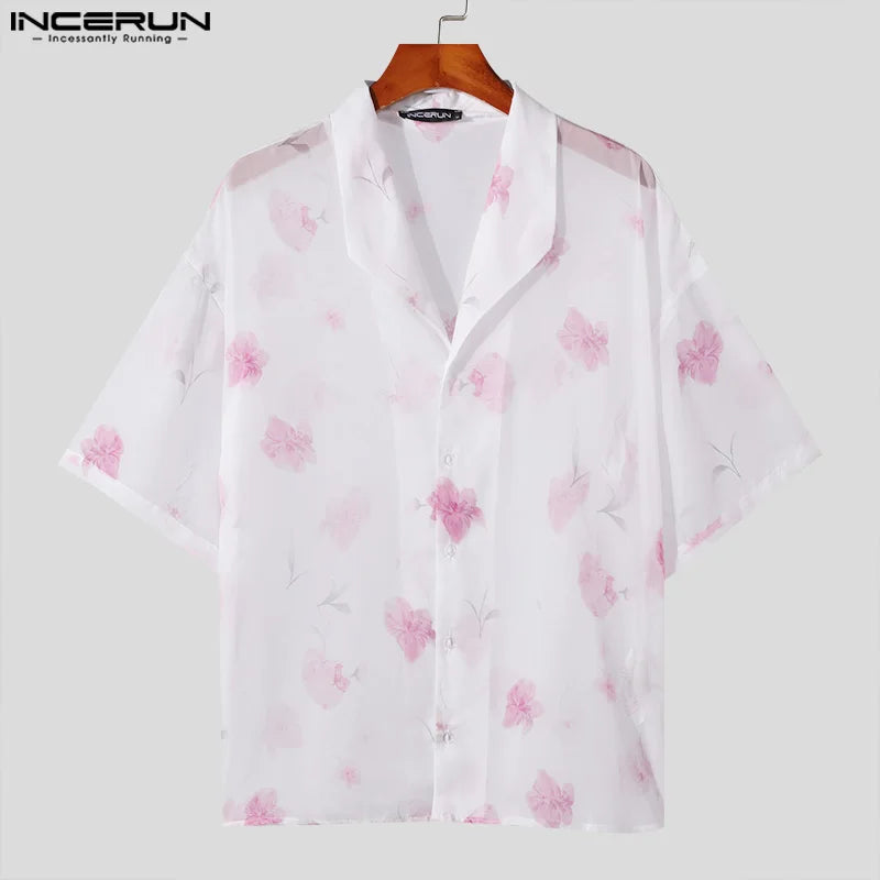 Fashion Sexy Style Tops INCERUN Handsome Men's Floral Perspective Printing Shirts Casual Clubwear Thin Mid Sleeved Blouse S-5XL