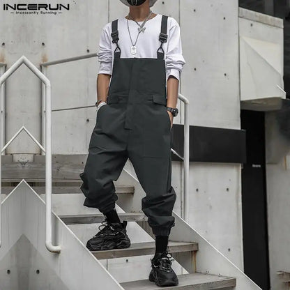 INCERUN 2024 Korean Style Bodysuits New Mens Cargo Overall Jumpsuits Casual Streetwear Male Summer Solid All-match Rompers S-5XL