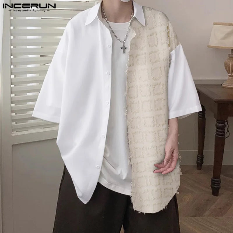 INCERUN Tops 2024 Handsome New Men's Tassel Jacquard Patchwork Shoulder Down Shirt Leisure Streetwear Short Sleeved Blouse S-5XL