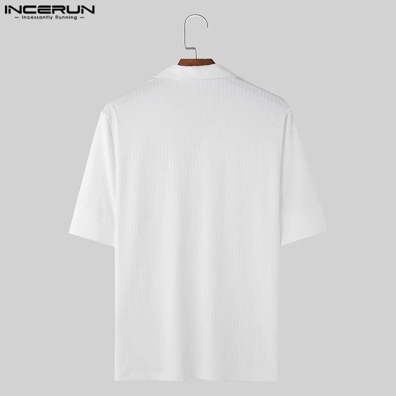 Handsome All-match Tops INCERUN Men's Striped V-neck Design Blouse Casual Streetwear Male Solid Short Sleeved Shirts S-5XL 2024