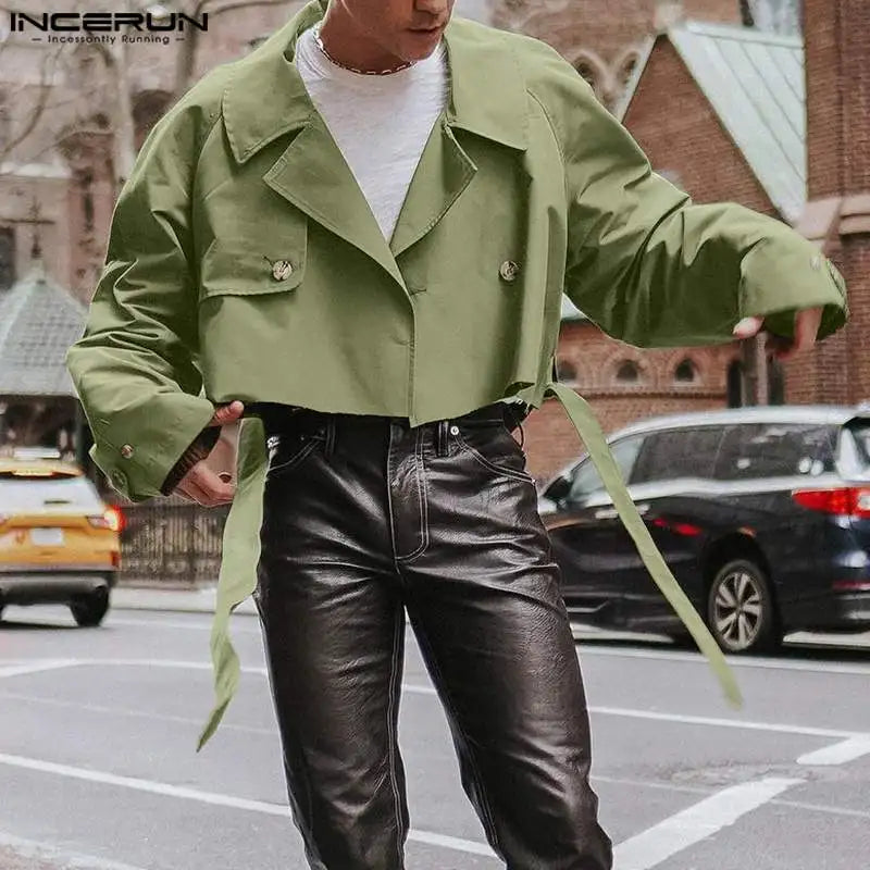 INCERUN 2023 Men Jackets Lapel Long Sleeve Solid Color Male Crop Coats Streetwear Loose Fashion Casual Jackets With Belt S-5XL