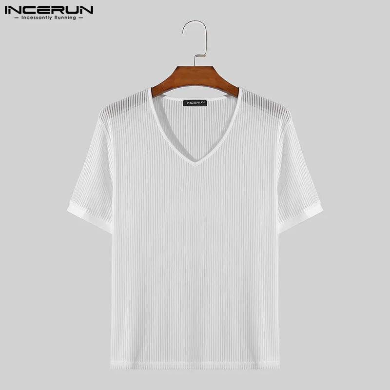 INCERUN Tops 2024 Style coréen élégant hommes légèrement transparent col en V rayé T-shirts hommes décontracté à manches courtes Camiseta S-5XL