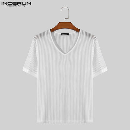 INCERUN Tops 2024 Koreanischen Stil Stilvolle Männer Leicht Durchsichtige V-ausschnitt Gestreiften T-shirts Männlichen Casual Kurzarm Camiseta S-5XL