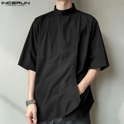 Summer Handsome Men's Tops INCERUN Fashion Slanted Placket Design Shirts Male Casual Loose Solid Half Sleeved Blouse S-5XL 2024