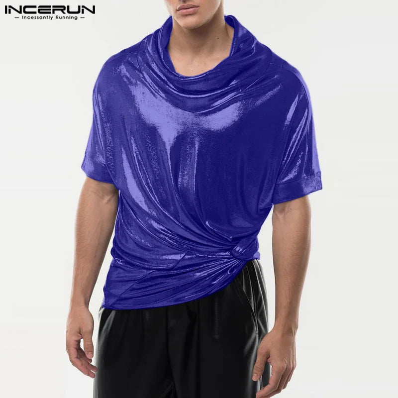 INCERUN Tops 2024 Casual Neue Männer Pile Up Kragen Flash Stoff T-shirts Stilvolle Männlichen Alle-spiel Einfache Kurzarm Camiseta S-5XL