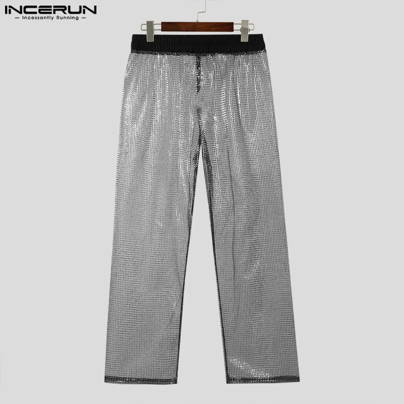 INCERUN 2024 Pantalons de style américain pour hommes Sexy Tissu à paillettes Perspective Pantalons longs Pantalons décontractés à la mode Pantalons respirants S-5XL