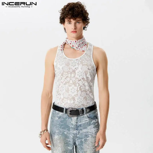 INCERUN Tops 2024 American Style Men's Hollow Lace Print Design Vests Casual Simple Male Comfortable Sleeveless Tank Tops S-5XL