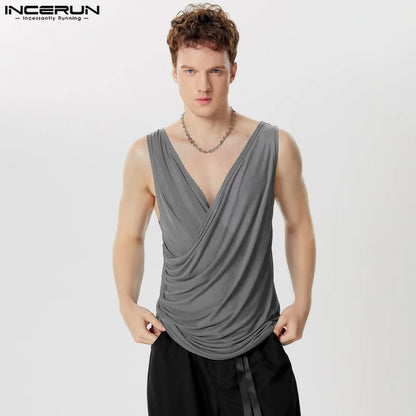 Sexy Fashion Style Tops INCERUN 2024 Men Mesh Cross Low Neck See-through Vests Summer Male Solid Thin Sleeveless Tank Tops S-5XL