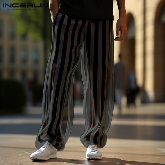 INCERUN 2024 American Style New Men Trousers Striped Mesh Transparent Long Pants Casual Streetwear Hot Sale Male Pantalons S-5XL