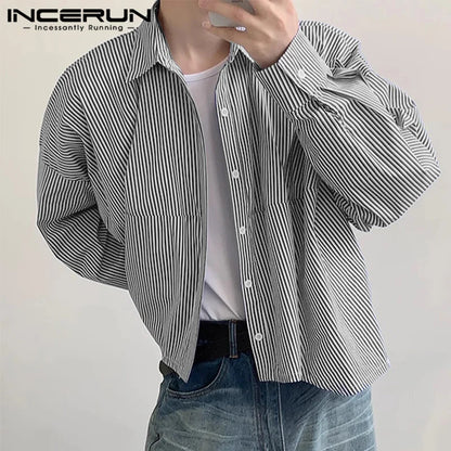 INCERUN Tops 2024 Korean Style Handsome Men's Simple Thin Stripe Design Shirts Casual Streetwear Lapel Long Sleeved Blouse S-5XL