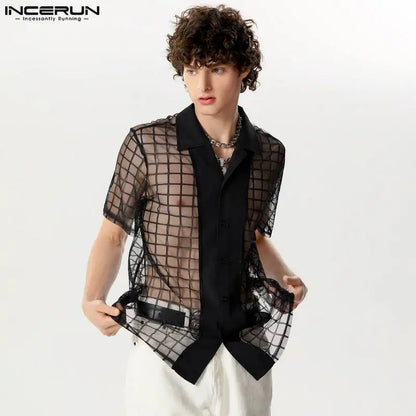 INCERUN Tops 2024 American Style Sexy New Mens Checkered Mesh Perspective Shirts Casual Hot Sale Thin Short Sleeved Blouse S-5XL