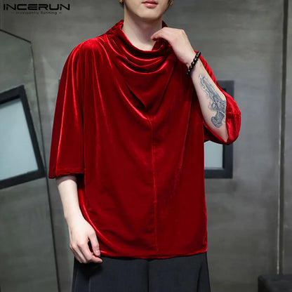 Handsome Well Fitting Tops INCERUN Men's Solid Pile Up Collar Design Shirts Fashion Casual Male Suede Long Sleeved Blouse S-5XL