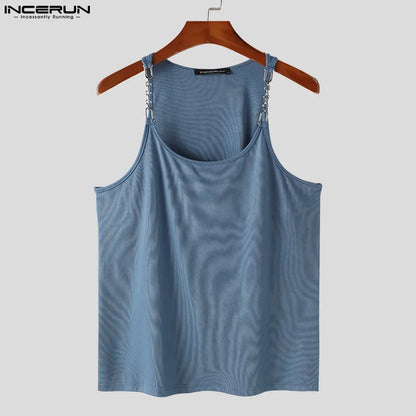 Sexy, stylische Oberteile INCERUN Neue Hosenträgerwesten für Herren mit Metallkette, modische, lässige Streetwear, ärmellose, einfarbige Tanktops S-5XL