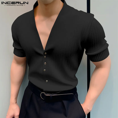 INCERUN Tops 2024 Korean Style New Mens Simple Striped V-neck Short Sleeved T-shirts Casual Streetwear Male Solid Camiseta S-5XL