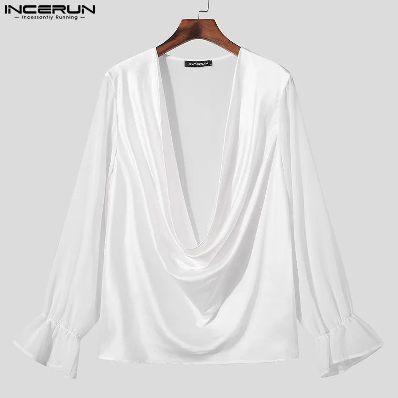 INCERUN Tops 2023 Style américain Beau Hommes Swing Neck Design T-shirts lâches Casual Simple Solide Manches longues Camiseta S-5XL