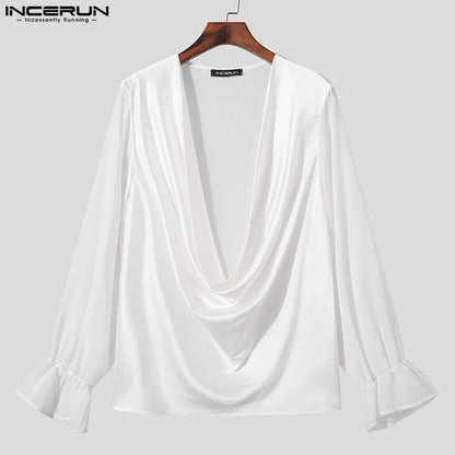 INCERUN Tops 2023 American Style Handsome Men's Swing Neck Design Loose T-shirts Casual Simple Solid Long Sleeved Camiseta S-5XL