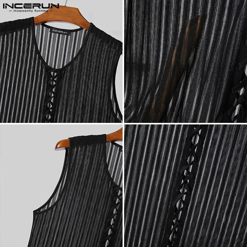 INCERUN Tops 2024 Korean Style Fashion Men Cross Design Drawstring Sleeveless Vests Casual Male See-through Thin Tank Tops S-5XL