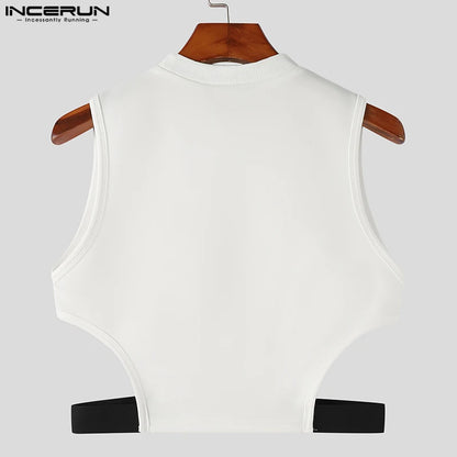 INCERUN 2023 Men Tank Tops Patchwork O-neck Sleeveless Streetwear Sexy Hollow Out Vests Men Fitness Fashion Crop Tops S-5XL