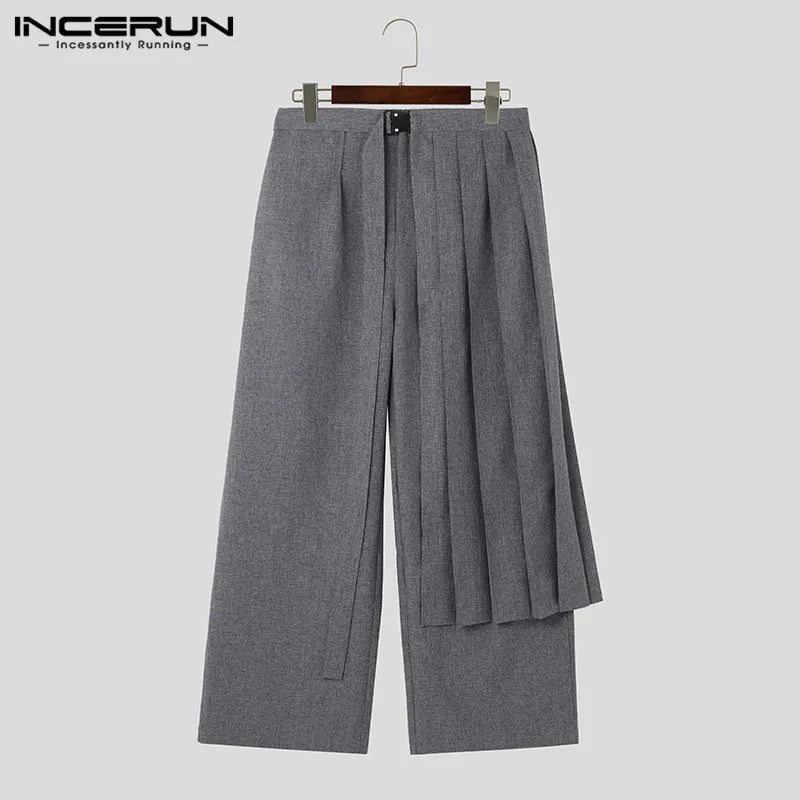 INCERUN 2024 Korean Style Men's Pantalons Detachable Half Pleated Skirts Pants Leisure Solid All-match Wide Leg Long Pants S-5XL