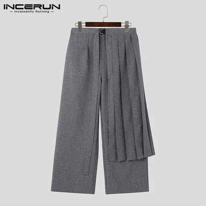 INCERUN 2024 Korean Style Men's Pantalons Detachable Half Pleated Skirts Pants Leisure Solid All-match Wide Leg Long Pants S-5XL