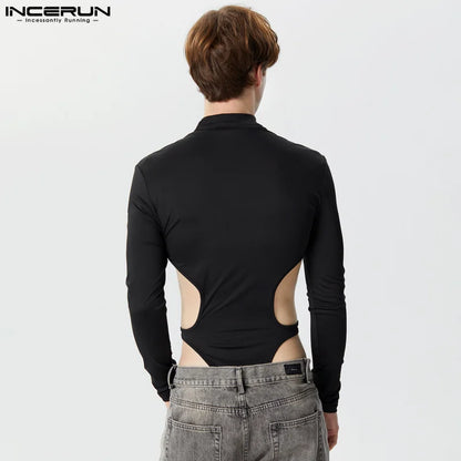 INCERUN 2023 Sexy Men's Rompers Hollow Deconstruction Design Jumpsuits Male Half High Neck Long Sleeved Triangle Bodysuits S-5XL