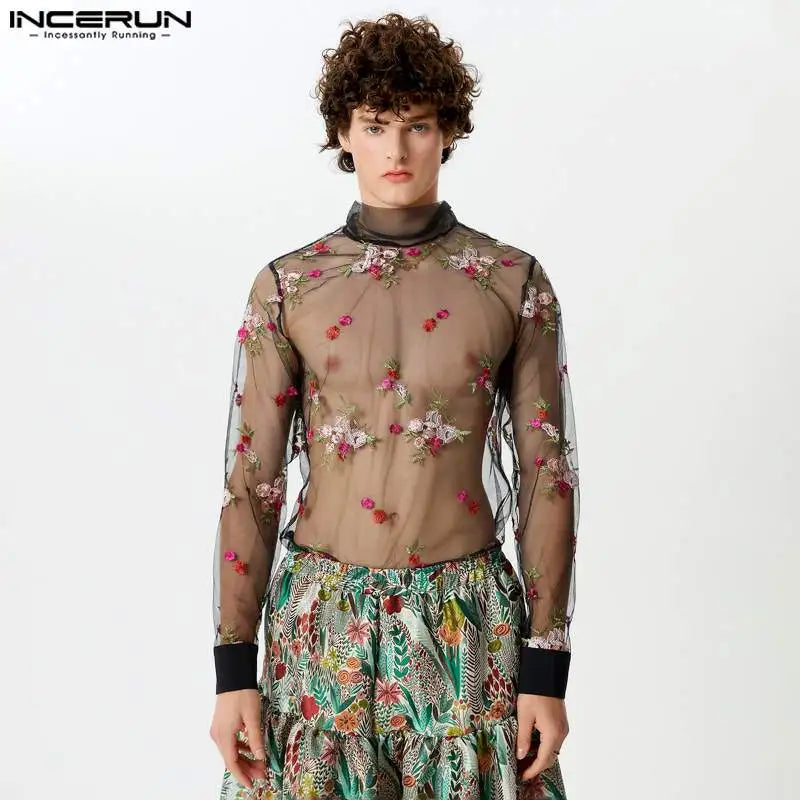 INCERUN Tops 2024 New Men Embroidered Flower Perspective Mesh Shirts Sexy Stylish Male Thin Long Sleeved Tie Collar Blouse S-5XL