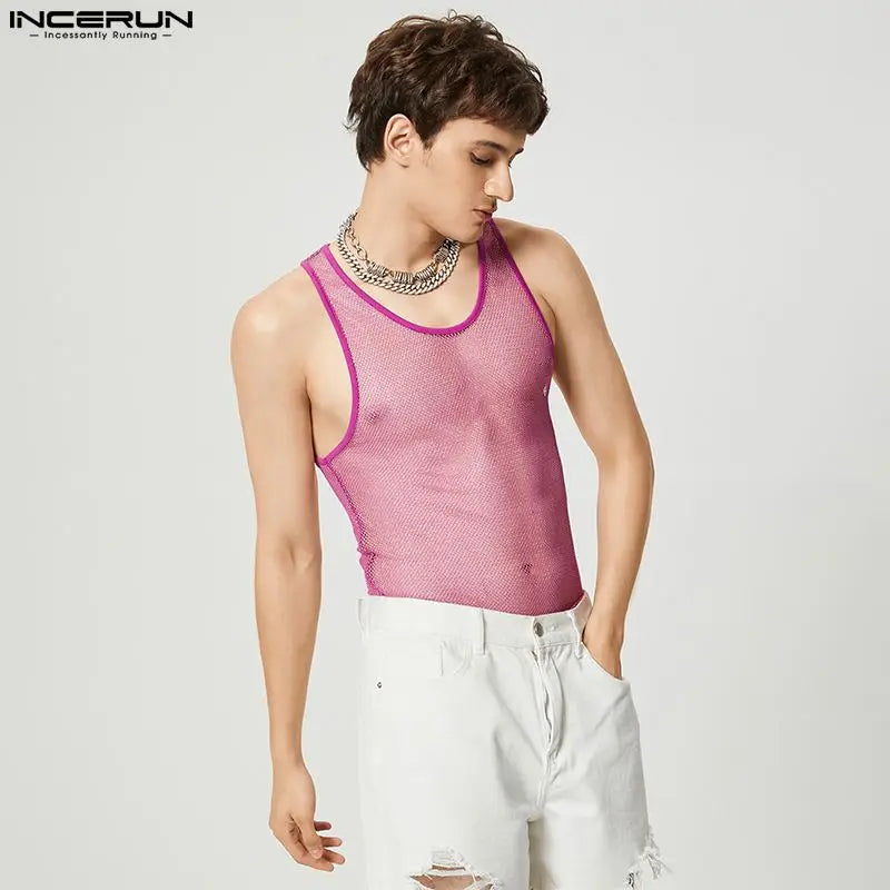 INCERUN Men Tank Tops Mesh Patchwork O-neck Sleeveless Transparent Vests Men Streetwear 2023 Fitness Fashion Sexy Party Tops 5XL