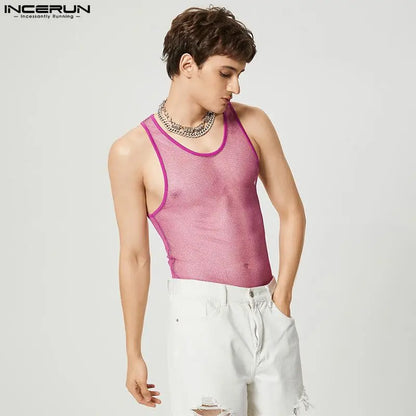 INCERUN Men Tank Tops Mesh Patchwork O-neck Sleeveless Transparent Vests Men Streetwear 2023 Fitness Fashion Sexy Party Tops 5XL