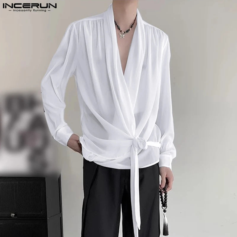 INCERUN Tops 2024 Hommes Printemps Été Nouer En Mousseline De Soie Légèrement Transparent Chemises Décontractées Streetwear Mince Chemisier À Manches Longues S-5XL