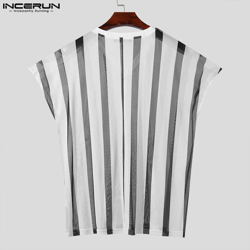 INCERUN Tops 2024 Korean Style Fashion Men's Large Stripe T-shirts Casual Street Personality V-neck Short Sleeved Camiseta S-5XL