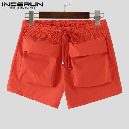 INCERUN 2024 Korean Style Shorts New Mens Large Pocket Drawstring Design Shorts Casual Streetwear Solid Personality Shorts S-5XL