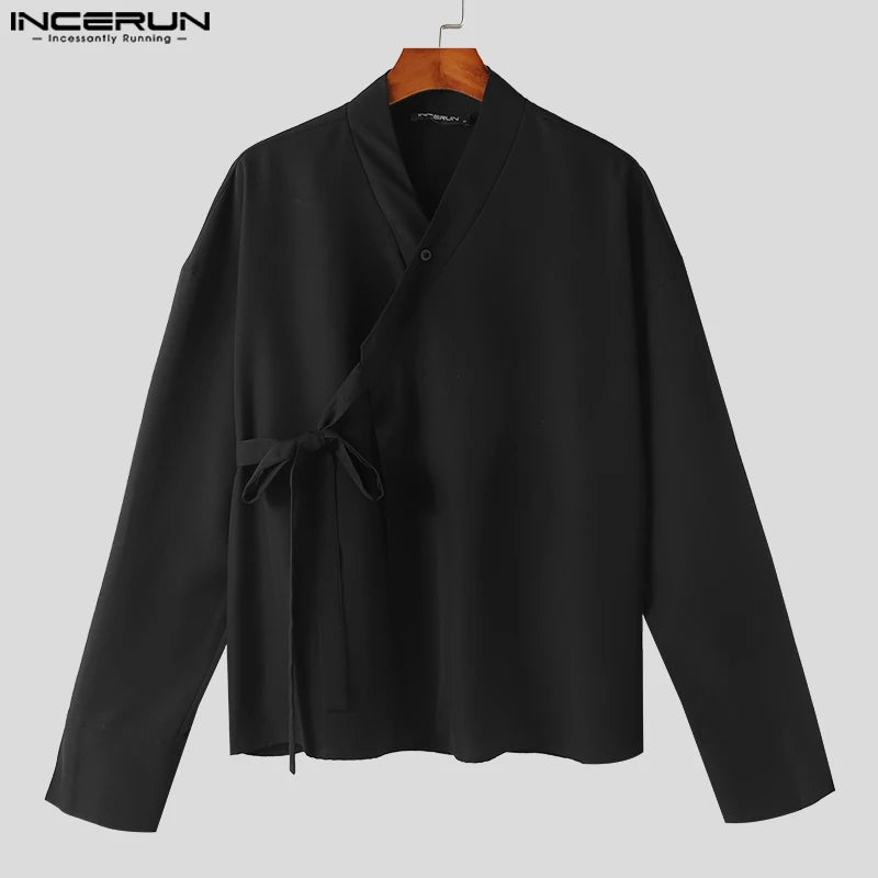 Stylish Casual Style Tops INCERUN Mens Simple All-match Solid Shirts Handsome Male Collarless Long Sleeved Cardigan Blouse S-5XL