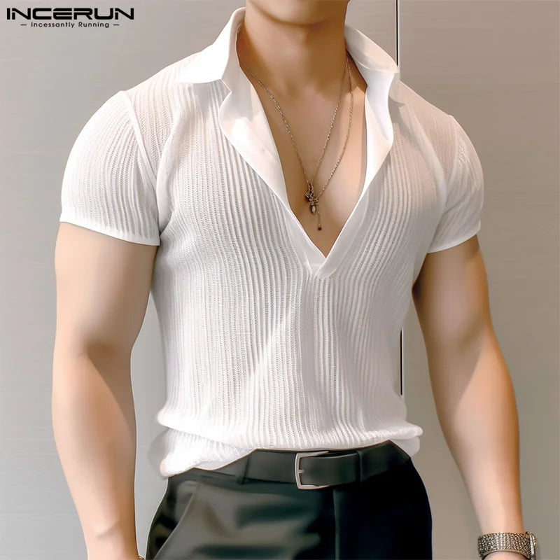 Men's T Shirt Striped Transparent V Neck Short Sleeve Summer Men Clothing Streetwear Sexy Fitness 2024 Fashion Tee Tops INCERUN