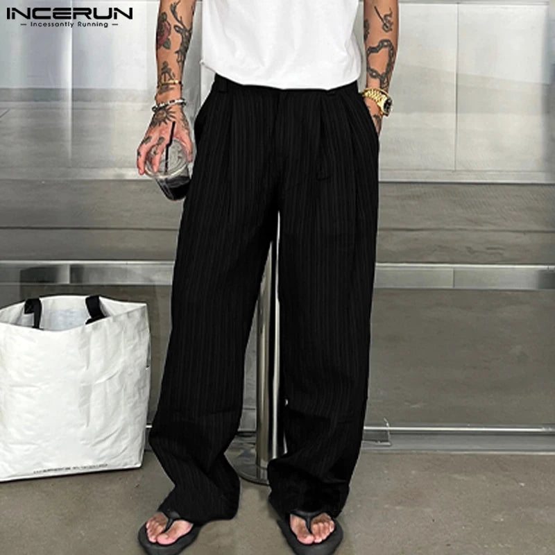 INCERUN 2024 Korean Style Pantalons Stylish Men's Texture Straight Leg Long Pants Casual Simple Male Solid Color Trousers S-5XL