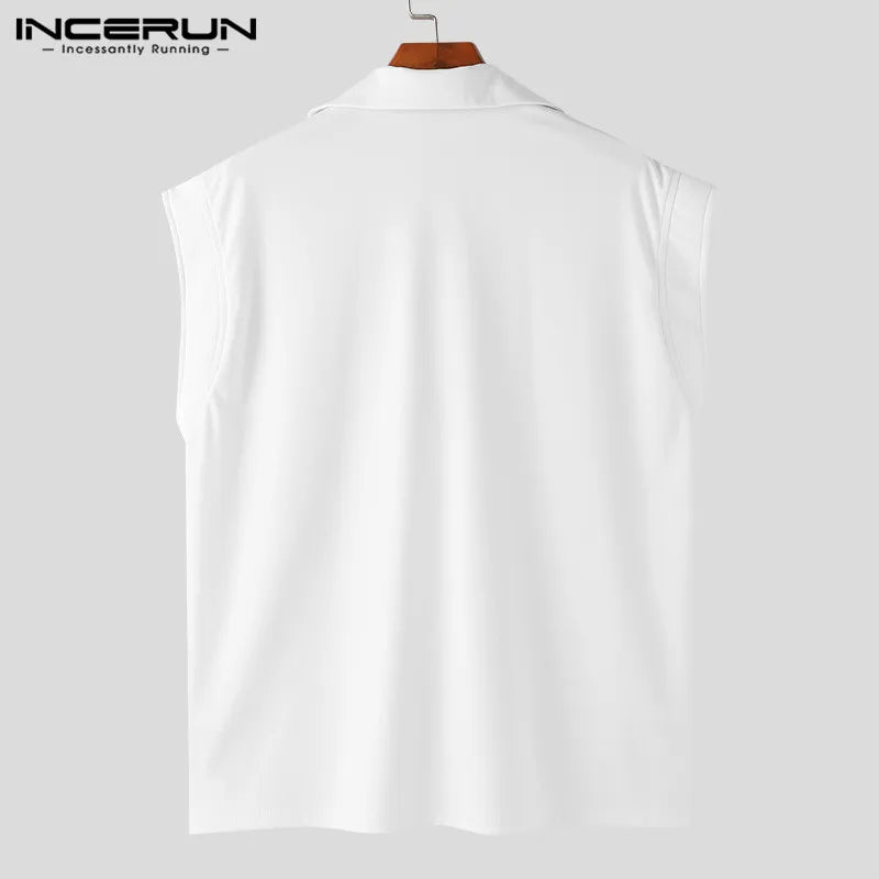 INCERUN Tops 2024 Korean Style New Men Simple All-match Shirts Stylish Streetwear Male Solid Color Lapel Sleeveless Blouse S-5XL