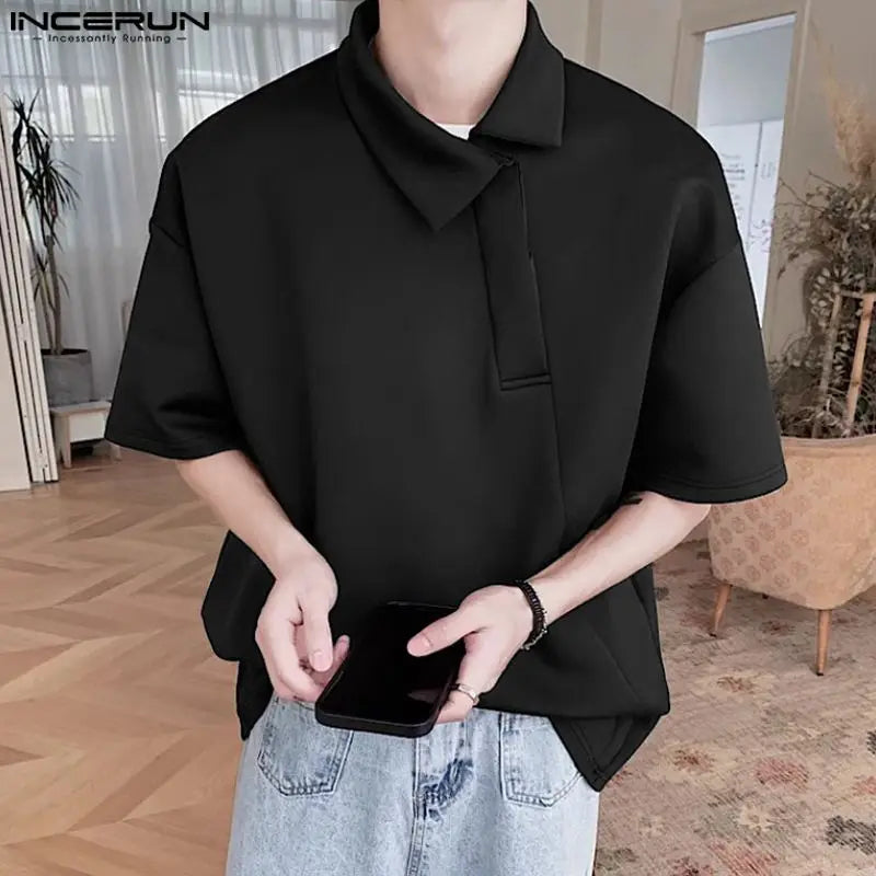 Stylish Well Fitting Tops INCERUN Men Diagonal Front Lapel Shirts Summer Male Casual Streetwear Solid Short Sleeved Blouse S-5XL