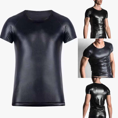 Men Stretch Faux Leather Short Sleeve Top T-Shirt PU Wet-Look Slim Bar Stage Performance Tee Slim Male Top T Shirts