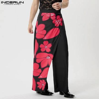 INCERUN 2024 American Style Trousers Stylish Men Fake Two-piece Spliced Floral Print Pants Male Leisure Wide Leg Pantalons S-5XL