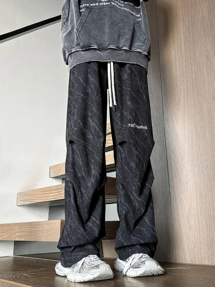 HOUZHOU Pantalon parachute en velours côtelé pour homme, pantalon large rose, streetwear, hip hop, harajuku, pantalon de survêtement japonais décontracté et ample