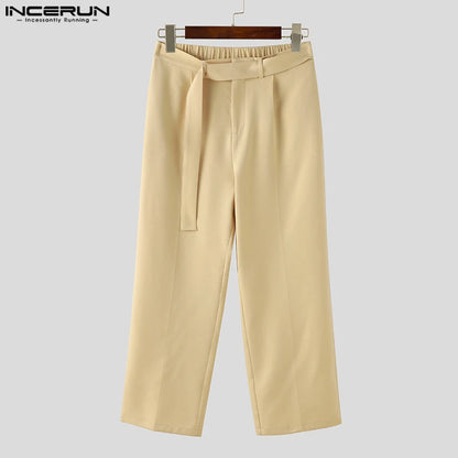 INCERUN 2024 Koreanische Stil Pantalons Neue Männer Passenden Gürtel Design Gerade Bein Hose Casual Streetwerar Solide Lange Hosen S-5XL