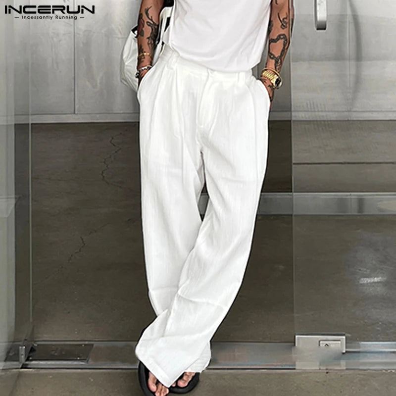 INCERUN 2024 Korean Style Pantalons Stylish Men's Texture Straight Leg Long Pants Casual Simple Male Solid Color Trousers S-5XL