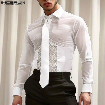 INCERUN Tops 2024 Amerikanischer Stil Neue Herren Mesh Splicing Deconstructive Design Shirts Lässige solide dünne Langarmbluse S-5XL