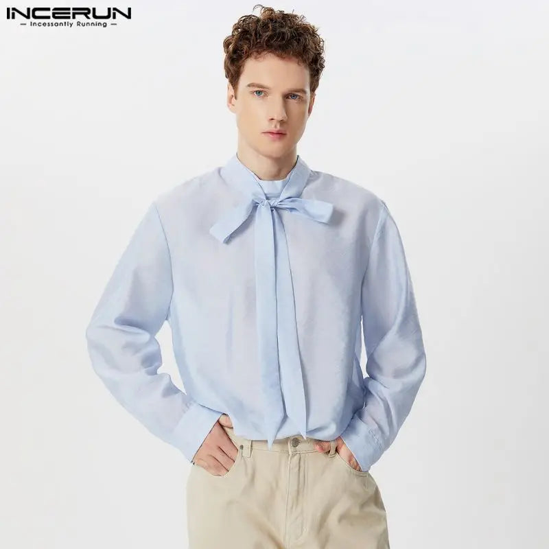 Handsome Well Fitting Tops INCERUN 2024 Men Fashion Ribbon Design Perspective Shirt Casual Simple Long Sleeved Blouse S-5XL 2024